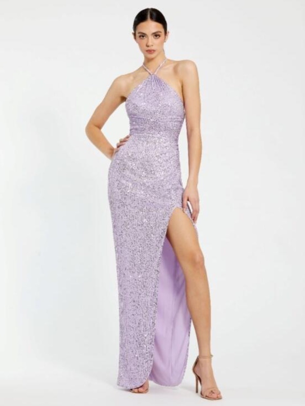 NWT Ieena for Mac Duggal Halter Ruched Side Front Slit Sequin Gown - size 10